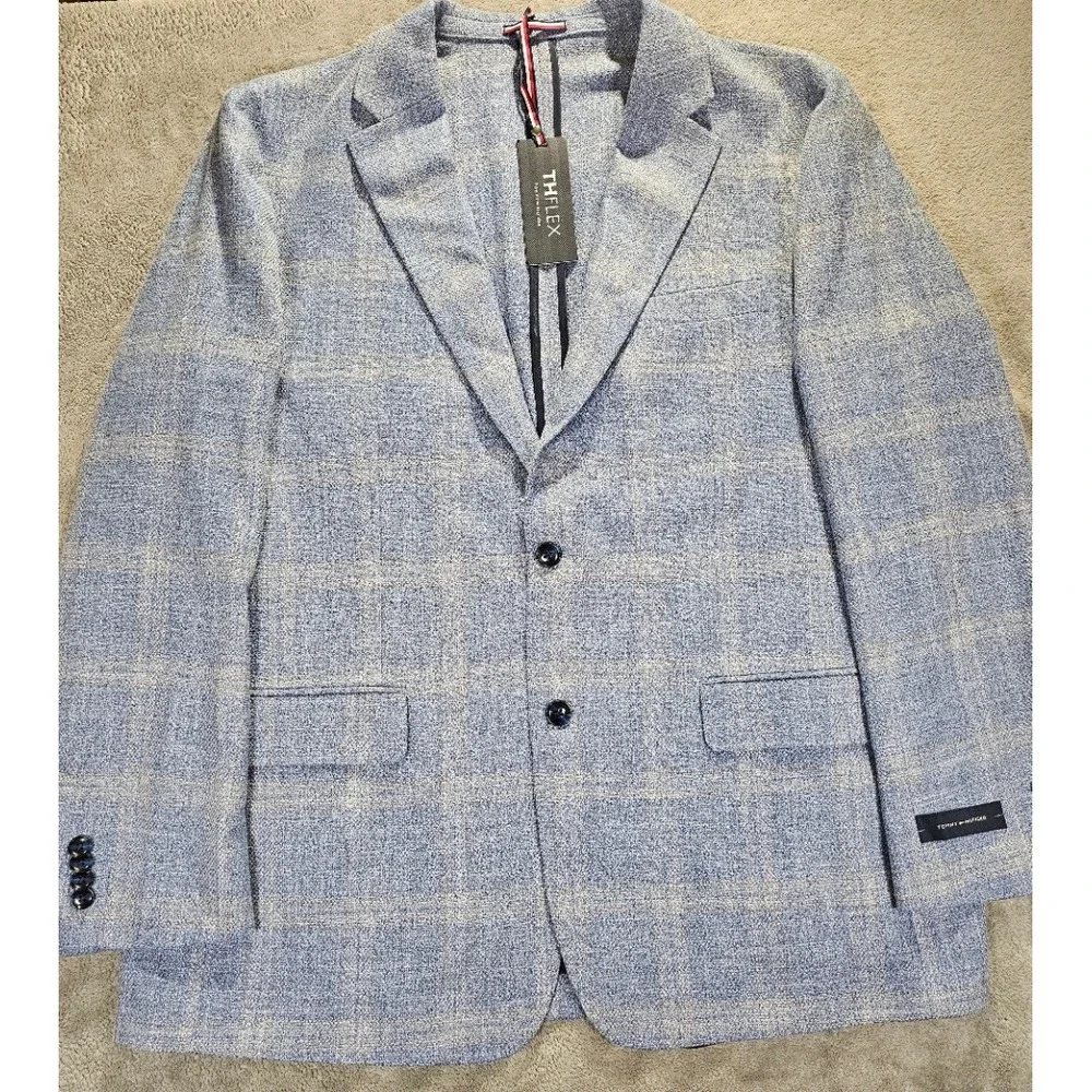 Tommy Hilfiger THFLEX Mens Light Blue Plaid Sport Coat Blazer 46R New